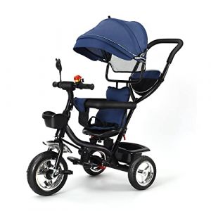 OHMG Tricycle 4 en 1 pour bébé, auvent pliable pour enfants, tricycle évolutif, tricycle avec pédales et ceintures à 3 points, vélo pour bébé, avec accessoires pratiques, 2 paniers, 9 mois (jusiZL, neuf)