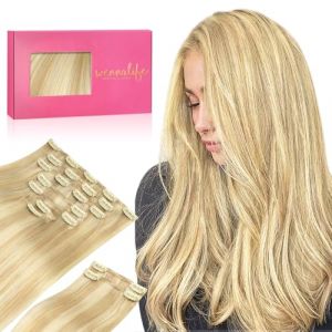 WENNALIFE Extension a Clip Cheveux Naturel, 150g 55cm 9pcs Blond Clair à Blond Doré Accentué Extension Cheveux Naturel Humain Remy Vrai Extension Cheveux Naturel Clip Extension Clip Cheveux Naturel (wennalife-FR, neuf)