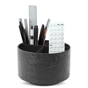 Czzmy Rotation range t&eacute;l&eacute;commande,Circulaire Support de t&eacute;l&eacute;commande en PU Cuir avec 4 Compartiments,Organisateur de bureau multifonction pour TV telecommande,Lunettes,Crayons(1-Gravure noire) (zhengshenriyong, neuf)