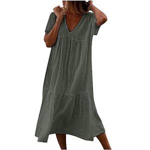 Longue Robe Cotton en Line Blanche Col en V Ete Pas Cher Grande Taille Robe Rétro Maxi Robe Lâche Couleur Unie Bohème Ete Mi-Longue Dress pour Fêter Robe de Vacances à la Plage Ete Pas Cher (?????Susenstone(Arrivée dans 5-15 jours), neuf)