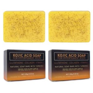 Lot de 2 Lemon Turmeric Kojic Acid Soap, savon eclaircissant,turmeric soap,Savon éclaircissant au curcuma, with Vitamin C, Éclaircissant brillant hydrate, pour visage et corps (Huiwencangliubvp, neuf)