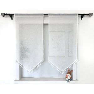 Daliena Rideau de cuisine avec pompon - Aspect lin - Court - Translucide - Pour petite fen&ecirc;tre - Largeur : 90 x 90 cm - Blanc - 1 pi&egrave;ce (Cang Fu, neuf)