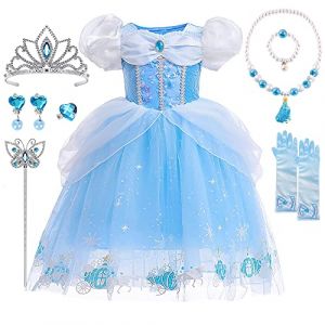 YYDSXK Deguisement Princesse Fille, Robe Princesse Cendrillon avec Couronne Princesse Collier Ensemble, Cendrillon Costume Carnaval Enfant, Déguisement Cendrillon Fille pour Cosplay (A, 140) (Miscco-FR, neuf)