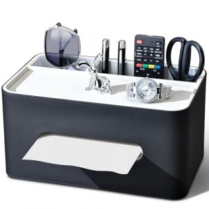 KINGFOM Bo&icirc;te &agrave; Mouchoir en Cuir avec 2 Compartiments, Rectangulaire Boite Mouchoirs, Multifonctionnelle Organisateur de Bureau pour Bureau, Maison, Salle de Bain (Noir) (LiLan, neuf)