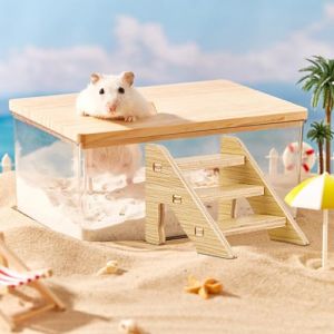 PLUSHCEWT Salle De Bain pour Hamster,Bain de Sable pour Hamster Bathtubs,Bo&icirc;te De Bain De Sable pour Hamster，Salle Bain Hamster Transparente avec Couvercle en Bois (Baignoire carr&eacute;e + &eacute;chelle) (Handikraf, neuf)