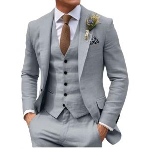 HUUTOE Ensemble 3 pi&egrave;ces en lin pour homme - Coupe ajust&eacute;e - Pour la plage, les mariages, l'&eacute;t&eacute;, les bals, les mari&eacute;s - Avec blazer, pantalon et gilet, Gris argent&eacute;., 52 (NicetomeeeU, neuf)