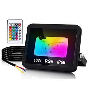 Lospitch Projecteur RGB 10W avec t&eacute;l&eacute;commande, projecteur LED RVB &agrave; changement de couleur, 16 couleurs 4 modes, ext&eacute;rieur &eacute;tanche IP66 pour jardin, garage, arbre, mariage [Classe &eacute;nerg&eacute;tique A++] (Bessie Moss Shop, neuf)