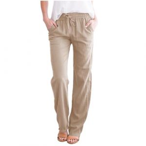 Femme Lin Pantalon Coton Lin Pantalon Léger Casual Elegant Pantalon Élastique Pantalon Décontractée Fluide Couleur Unie Mode Pants avec Poches Grande Taille Pantalon de Jogging à Cordon (Blingko, neuf)