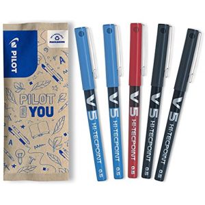 PILOT - Lot de 5 V5 - Stylos Roller à Encre Liquide à Pointe Fine pour une Écriture Fluide et Précise - Séchage rapide, ne fuit pas - 2 Noirs, 2 Bleu, Rouge - Pointe Fine (0,5mm) (PAPETERIE DU COLLEGE, neuf)