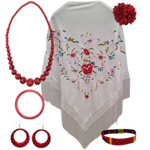 Ch&acirc;le de Manille avec accessoires : ch&acirc;le de Manille avec fleurs brod&eacute;es, pince &agrave; cheveux fleur, collier, bracelet et boucles d'oreilles flamant rose et bracelet en tissu., Blanc, fleur, L (TopComercial, neuf)