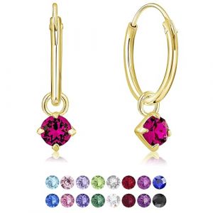 DTPsilver&reg; Boucles d'oreilles PETITES Cr&eacute;oles en Argent Fin 925 Plaqu&eacute; Or Jaune avec petit Pendentif 3 mm Cristaux de Swarovski&reg; Elements Ronds - Diam&egrave;tre: 14 mm - Couleur: Fuchsia (DTPSilver, neuf)