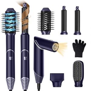 5 en 1 Air Brush Styler Brosse Soufflante Chauffante Brushing Sèche-Cheveux Ionique Boucleur a Cheveux à Air Brosse à Lissante Embout de Sèche-cheveux Ensemble de Coiffure pour Femmes, Blau/Argent (SHUANG YI XIN, neuf)