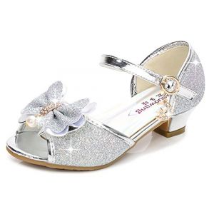 YOGLY Sandales Ceremonie Fille, Chaussure &agrave; Talon Enfant Ballerine Princesse avec Paillettes Princesse Chaussures &agrave; Talons Hauts Enfants Party Pompes,35 EU,Argent (EVERY, neuf)