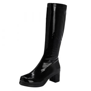 Bottes en cuir verni pour femme au genou, bottes &agrave; talon &eacute;pais &eacute;l&eacute;gantes, couleur rouge vif brillant, talon bloc confortable, bottes en pvc imperm&eacute;ables &agrave; la mode pour des looks affirm&eacute;s, Noir , 39 EU (Silver Clear Selection, neuf)