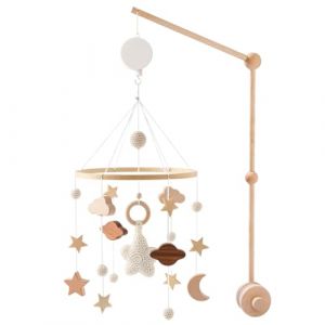 Mobile Bébé Bois, Mobile Lit Bébé avec Support Mobile Bébé Et Boîte à Musique Cloche à Vent Étoile en Bois Suspension Mobile Musical Bébé Carillon Éolien Bébé Cadeau pour Bébé Fille Garçon (Haptre, neuf)