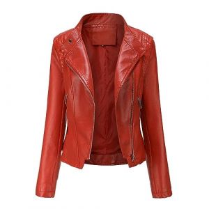 YYNUDA Blouson Cuir Biker Revers Veste Motard Femme Jacket Bombers Aviateur L&eacute;ger Manteau Moto Printemps/Automne Rouge S (YYNUDA Store, neuf)