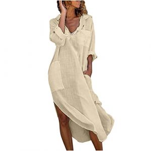 AEGJEGVD Longue Robe Cotton en Line Blanche Col en V Ete Pas Cher Grande Taille Robes R&eacute;tro Maxi Robe L&acirc;che Couleur Unie Boh&egrave;me Linen Dress &agrave; Manches Longues Fendue Sur Le C&ocirc;t&eacute; de Vacances &agrave; la Plage (⭐⭐⭐⭐⭐AEGJEGVD⭐⭐⭐⭐⭐, neuf)