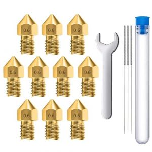 MMOBIEL 10 pièces MK8 en Laiton de 0,6 mm pour imprimante 3D, extrudeuse Compatible avec Les séries Creality Ender 3, Ender 5, CR-10/10S, Makerbot, Anet A8, incluant 3 Aiguilles de Nettoyage et Clé (Menko Telekom, neuf)