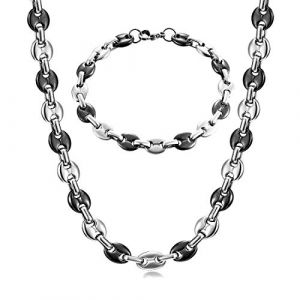 AFSTALR Chaine Grain De Caf&eacute; Collier Bracelet Biker Punk Acier Inoxydable Maille Argent-Noir 61-11 (AFSTALR, neuf)