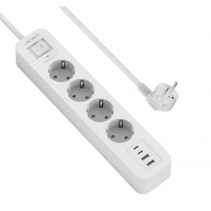 JSVER Multiprise USB C,4 Prises avec 4 Ports USB Chargeur de Voyage, Parasurtenseur Multiprise Electrique(3680W 16A) Parafoudre et Surtension avec Interrupteur Cable 2m pour Smartphone Tablette- Blanc (JsverDirect, neuf)