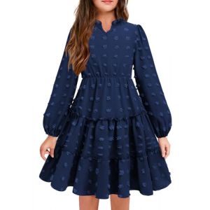 Arshiner Robes pour Filles &agrave; Manches Longues Et Col en V Robe de F&ecirc;te Unie en Mousseline de Soie Robe D&eacute;contract&eacute;e &agrave; Volants Robe de Soir&eacute;e Trap&egrave;ze Robe Bleu Marine 10-11 Ans (Arshiner Store, neuf)