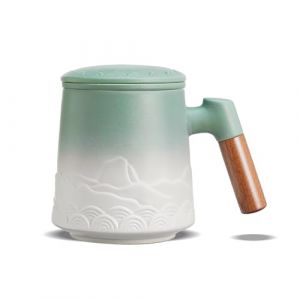 ZENS Tasse &agrave; Th&eacute; avec Infuseur et Couvercle, 500 ML &ndash; Tasse en C&eacute;ramique Gaufr&eacute;e pour Th&eacute; en Feuilles, Poign&eacute;e en Bois &ndash; Mug avec Filtre pour Amateurs de Th&eacute;, vert matcha (ZENS LIFESTYLE EU, neuf)