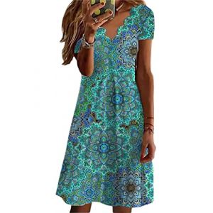 Onsoyours Damen Blumen Sommerkleider Elegant Boho V-Ausschnitt Knielang Strandkleid Casual A Linie Dating-Kleid Camisole Tops Partykleid Für Herbst Frühling G Vert M (Zeigood Mode, neuf)