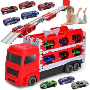 YADODO Camion Transporteur Voiture pour Gar&ccedil;ons de 3 4 5 6 Ans, 165cm Portable Pliable Camion Voiture Enfant avec &Eacute;jection Piste Course et 8 Petites Voitures Jouet pour Gar&ccedil;ons Filles Cadeau (Rouge) (YADODO, neuf)
