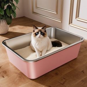 Bac Litiere pour Chat en INOX, Bac &agrave; Liti&egrave;re pour Grands Chats, Chatons et Lapins, Caisse Chat Litiere XXL, Litiere Toilette pour Maine Coon, Anti-Adh&eacute;rent, Anti-Odeurs (Rose, 50 * 35 * 15cm) (ICOYEA, neuf)