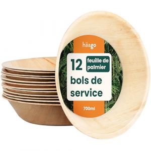 HAAGO 12 Grands Rond Bols en Feuilles de Palmier comme Bol Bambou, Compostables, Jetables, Vaisselle de d'Extérieur Écologique, Saladier Jetable pour Buffet, Congélation et Four à Micro-ondes - 700ml (Acacia Products, neuf)