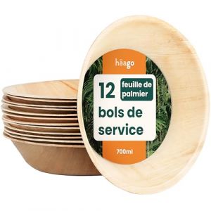 HAAGO 12 Grands Bols en Feuilles de Palmier (700ml, Ronds) Compostables et Jetables - Vaisselle de Pique-nique et d'Extérieur Écologique - Congélation et Four à Micro-ondes (Acacia Products, neuf)