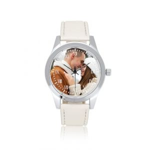 JSDDE Montre Photo Personnalisé pour Femme Homme, Montres Analogique Quartz Grand Cadran Facile à Lire en Métal, Montre Personnalisable Photo Image Bracelet Cuir Texturé Cadran Argent (Bracelet Blanc) (FEIXINFLY, neuf)