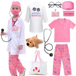 Tacobear Deguisement Docteur pour Enfant Jeu d'imitation V&eacute;t&eacute;rinaire Docteur Kit de Jouet M&eacute;decin avec Chien Jouet Malette de Docteur Deguisement pour Anniversaire F&ecirc;te Carnaval (Rose, 120) (vamei, neuf)
