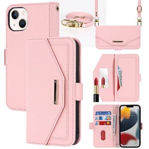 Cavor Coque Compatible avec iPhone 13 Etui avec Cordon,Flip Portefeuille Étui Cuir,[5 Porte Cartes][Miroir][Magnétique][Réglable Collier] Housse - Rose (Copmob, neuf)