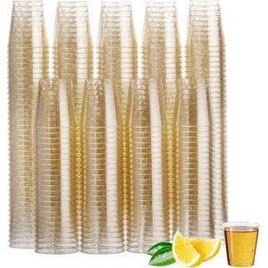 MATANA 150 Verres à Shot Réutilisables en Plastique Transparent avec Paillettes Dorées, 30ml - Verres à Shooter Solides pour Fêtes, Mariages Anniversaires, Dégustation (Acacia Products, neuf)