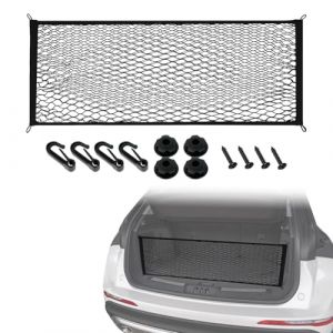 Filet Coffre Voiture, Filet de Rangement Camping Car Double Couche Haute élasticité, Filet Rangement Modèle Universel, Filet Voiture pour Coffre de Voiture pour un Rangement Sûr des Bagages, 90*30cm (Myanstore, neuf)