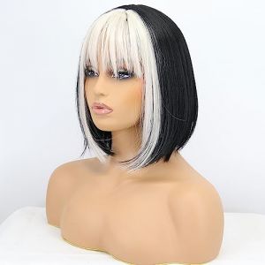 xiweiya Perruque synthétique noire et blanche courte avec frange blanche, résistante à la chaleur, 61 cm, perruque pour cosplay quotidien pour femme (xiweiya wig, neuf)