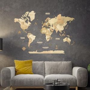 Creatifwood Carte du monde en bois 3D pour d&eacute;coration murale - Mappemonde en Bois - Art mural - Pour salon, bureau ou chambre (Light, 150L x 105l cm, Sans cadre) (HARMANDI CreatifWood, neuf)