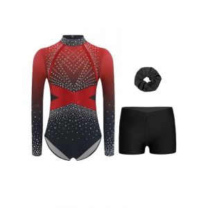 RUNQHUI Fille 3 Pi&egrave;ces Ensemble Gymnastique Justaucorps Manches Longues avec Short et Bandeau des Cheveux Tenue Gymnastique Strass pour Comp&eacute;tition Spectacle A Rouge 13-14 ans (RUNQHUI, neuf)