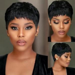 PORSMEER Perruque Cheveux Humain Courte Femme de Couleur Noire,Pixie Cut Bob Perruques Avec Frange Perruque Courte Coupe Lutin Perruque Bresilienne Naturelle sans colle (VivoCity, neuf)