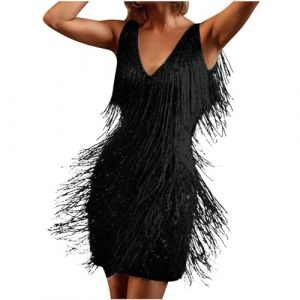 Cadeau Femme Robe Gatsby Couleur Unie sans Manche 1920S Robe à Frange Bretelles Robe à Charleston Déguisement pour Soirée Danse Latine Robe Soiree Femme Paillette Costume Samba Femme (PINTUTU SEXY, neuf)