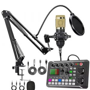 Carte Son Live avec Effets de Mixage et Changeur de Voix, F998 Table de Mixage Audio, Carte Son Professionnelle avec Lumières LED, Effets Sonores Multiples et Changeur de Voix,Gold (AMZSHOP-FR, neuf)
