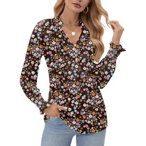 Cuptacc Tee Shirt Manche Longue Femme Col en V Chemisier Femme Tunique Couleur Unie D&eacute;contract&eacute; Top Noir Rose Floral, Petit S 36 (CuptaccFashion, neuf)