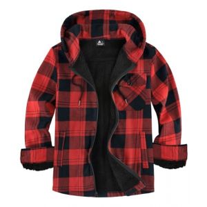 JACKETOWN Veste de B&ucirc;cheron Homme Veste Chemise Doubl&eacute;e pour Capuche &agrave; Carreaux Flanelle Fermeture &eacute;clair Sherpa de Trekking D'hiver Chemise Flanelle V&ecirc;tements(Noir Rouge XL) (CongHuiQiang, neuf)