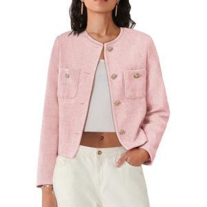 Juankrynord Veste d'affaires en tweed d&eacute;contract&eacute;e &agrave; manches longues et col rond roul&eacute; pour femme blazer d&eacute;contract&eacute; boutonn&eacute; avec poches printemps 2025 (Rose,TTG) (Conghuakeji, neuf)