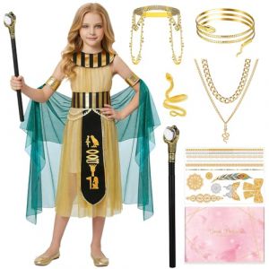 Deguisement Cleopatre Fille, Costume Egyptienne Enfant avec Accessoires, Comprenant Sceptres, Bracelets Serpent, Robe Pharaon Egyptien, Deguisement Carnaval Fille, pour F&ecirc;te, Cosplay, Halloween (130) (CRSTREAM, neuf)