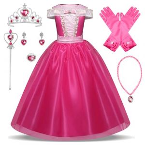 New front Fille La Belle au Bois Dormant Robe de Princesse Aurore Accessoires Baguette Couronne Bague Collier Déguisement Tulle Maxi Noël Carnaval Halloween Cosplay Robe de Soirée, Rose, 100 (New Front, neuf)