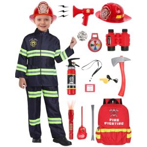 G040XXL Costume de Pompier pour Enfants avec 14 Accessoires - Extincteur à Eau, Casque Jouet - Carnaval, Halloween, Héros 3-12 Ans (Geplaimir, neuf)