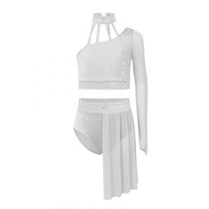 Linjinx Enfant Fille Justaucorps de Gymnastique Robe Danse Classique Lyrique Asym&eacute;trique Robe de Patinage Artistique Paillette et Jupe Tutu Costume Performance 5-16 Ans Blanc 11-12 ans (Linjinx, neuf)