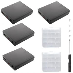 VISSQH 4 Pièces AA Support de Batterie,4 x 1.5V Support de Batterie 6V Battery Holder Box Case,AA Boîte à Piles en Plastique avec Intégré Prise Femelle USB Couvercle et Interrupteur on/Off (Noir) (VISSQH, neuf)